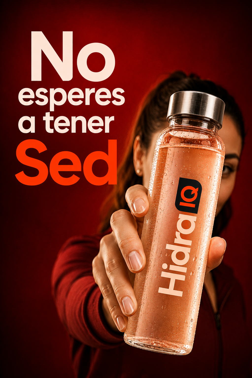 Mujer sosteniendo una botella Hidra IQ con el mensaje: No esperes a tener sed